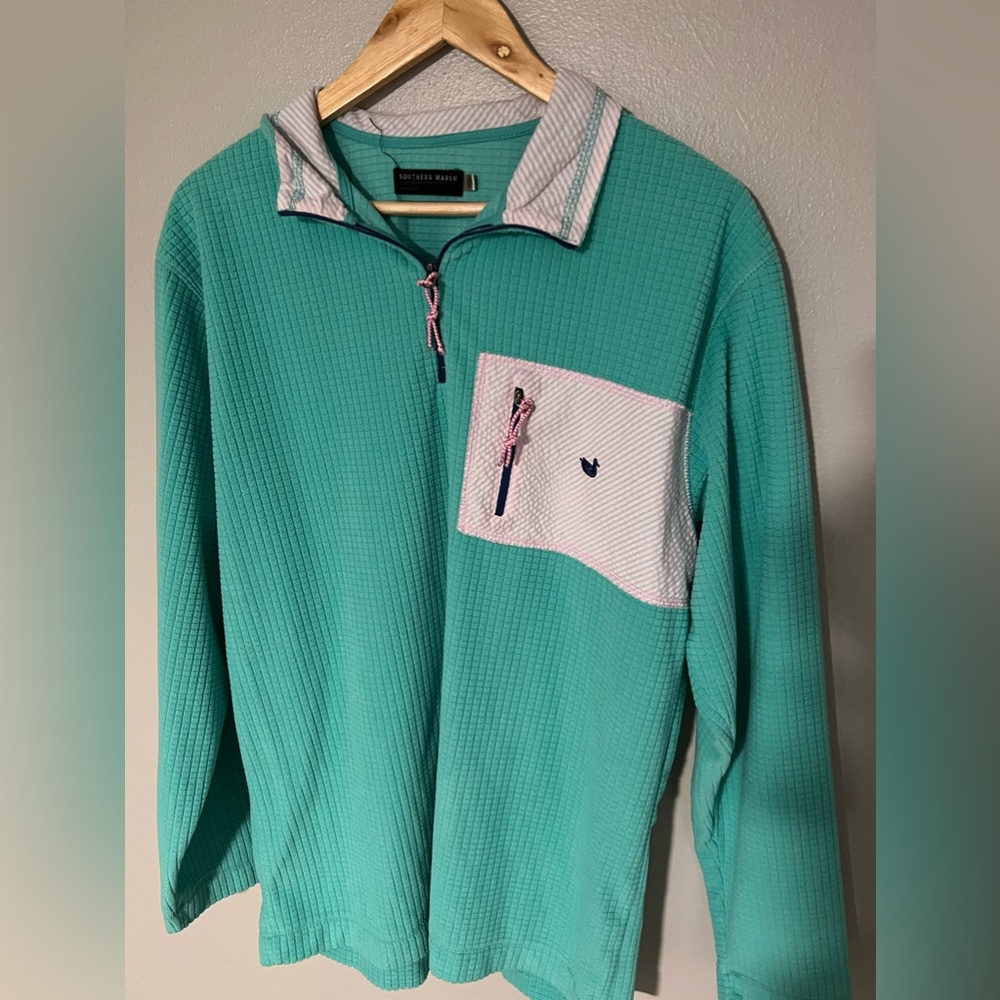 Green Southern Marsh waffle knit quarter zip